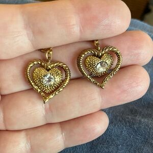 Vintage Gold Heart Earrings with Crystal Accents